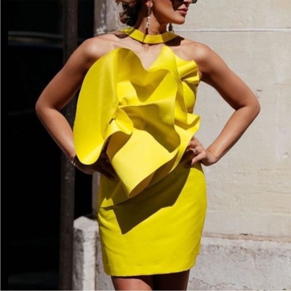 Zara Limited Edition Yellow Voluminous Mini Dress Exaggerated Ruffle Size M NWT - Picture 5 of 16
